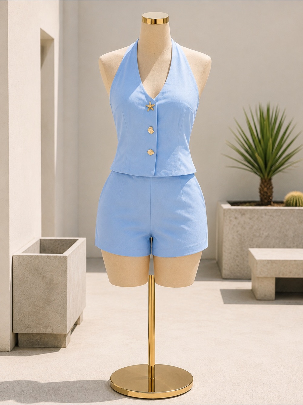 Halter Neck Tailored Short Set in Light Blue